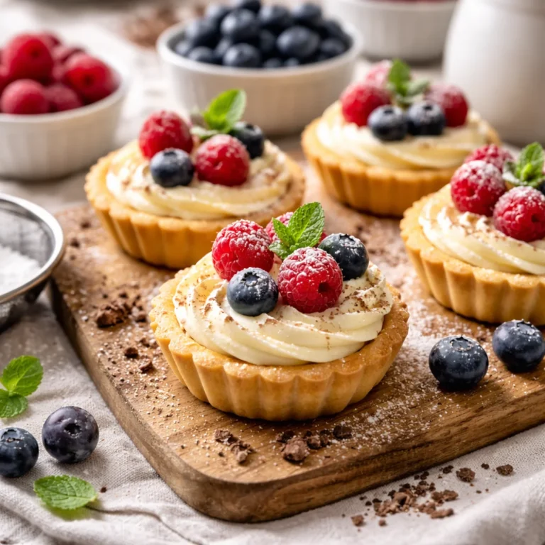 Babeczki z kremem budyniowym na drewnianej desce, z malinami, borówkami i startą czekoladą