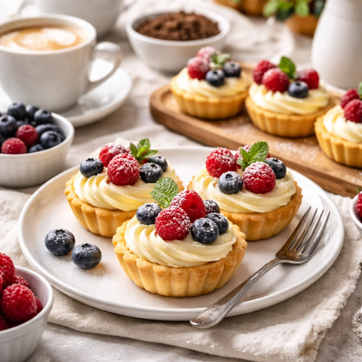 Babeczki z kremem budyniowym na talerzu, ozdobione malinami i borówkami, podane do kawy