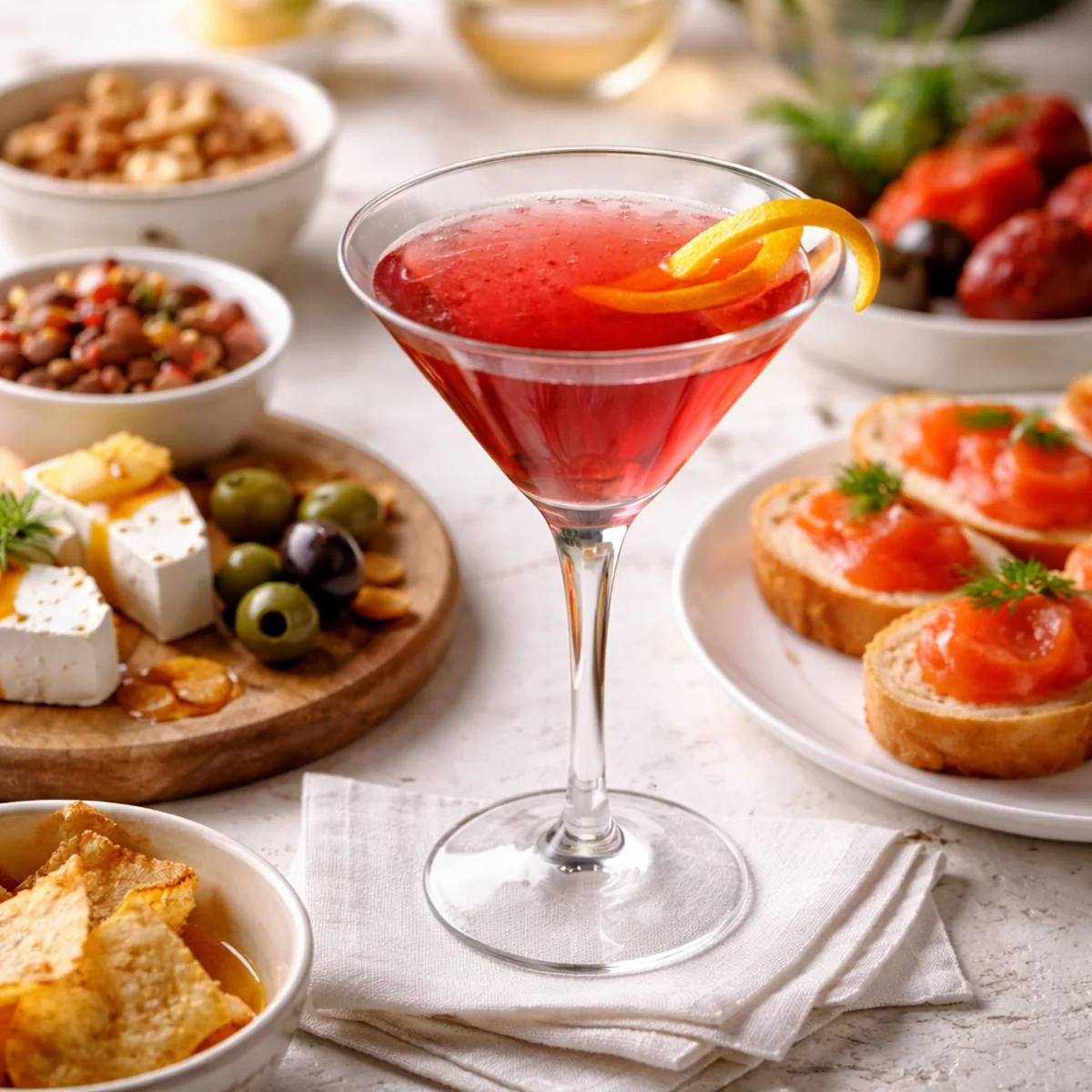 Drink Cosmopolitan w kieliszku koktajlowym na stole z przekąskami – przepis i proporcje