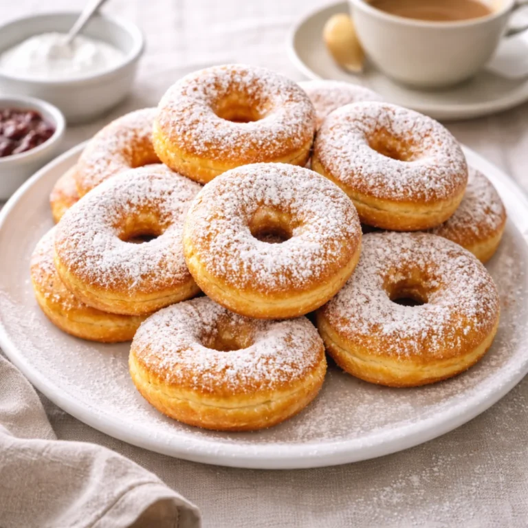 Oponki serowe posypane cukrem pudrem na talerzu, domowe podanie do kawy