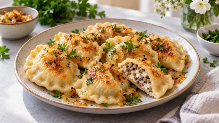 Pierogi z kaszą gryczaną i białym serem podane z rumianą cebulką i natką pietruszki na ceramicznym talerzu.