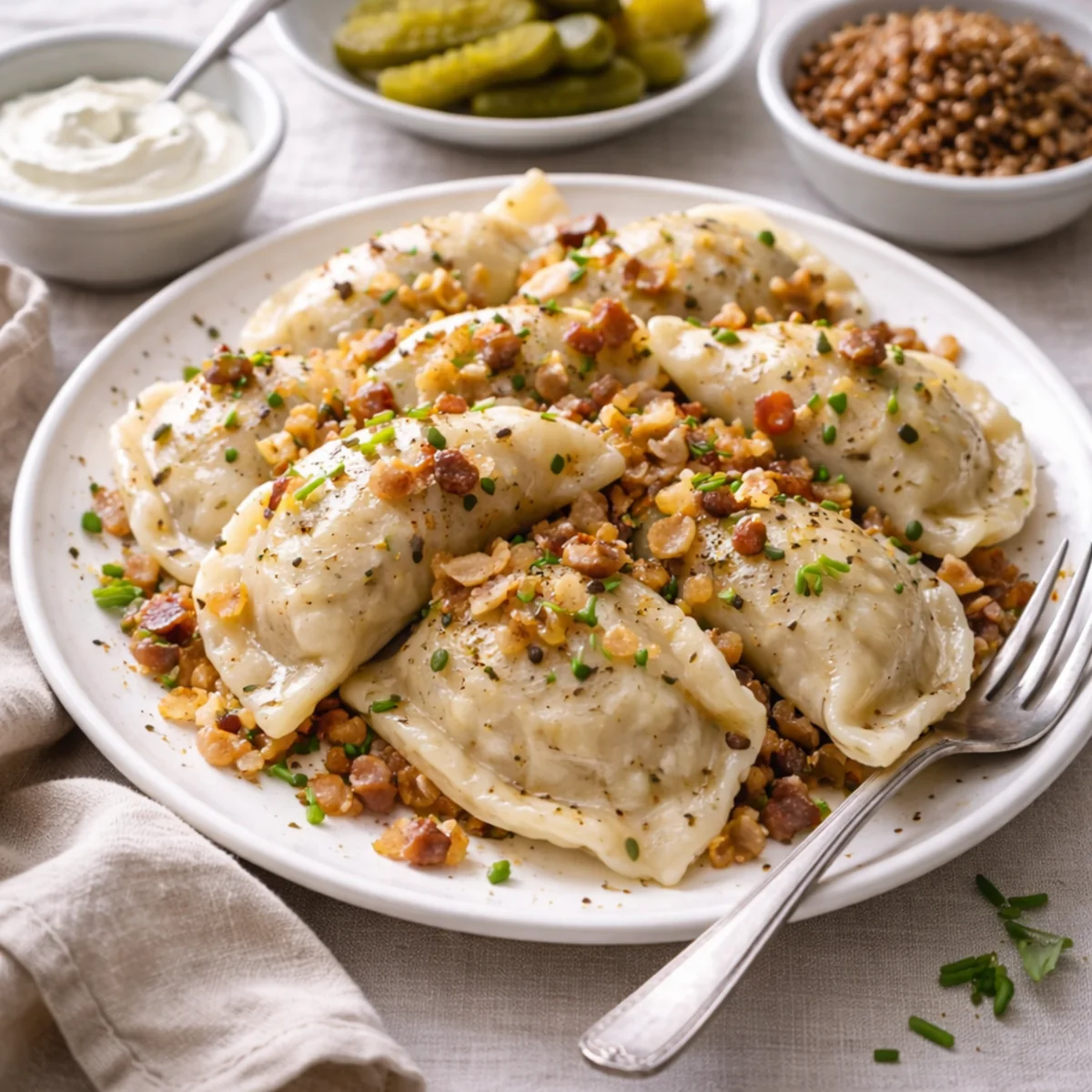 Pierogi z kaszą gryczaną i białym serem na talerzu, domowa okrasa z cebulką