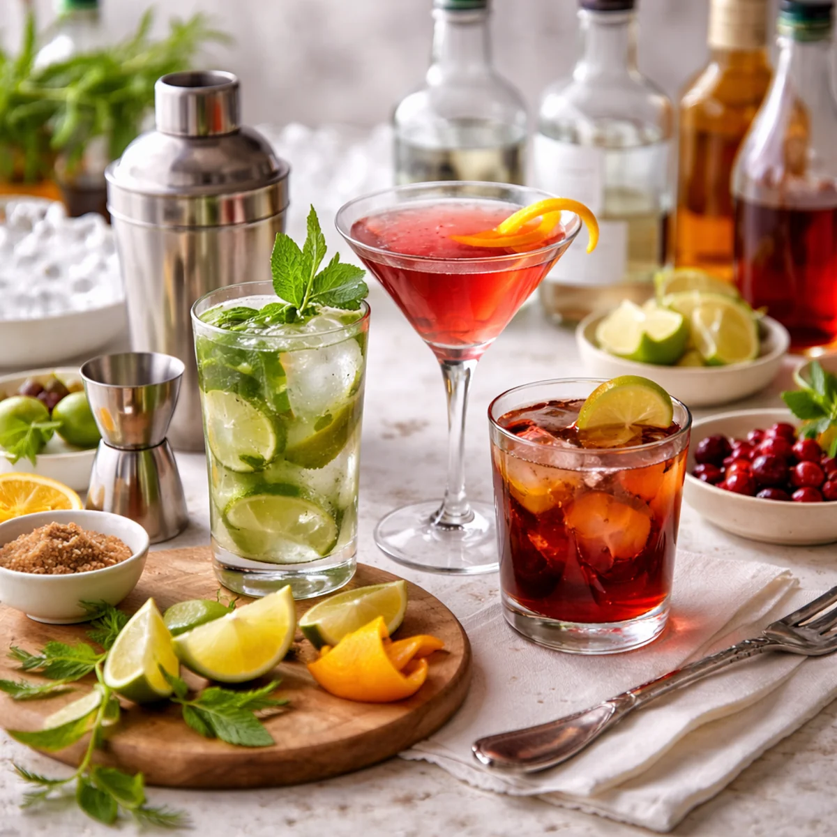 Przygotowanie drinków w domu – shaker, lód i trzy domowe koktajle na stole