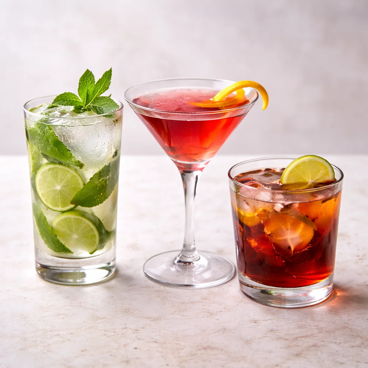 Przygotowanie drinków w domu – trzy klasyczne koktajle obok siebie na stole