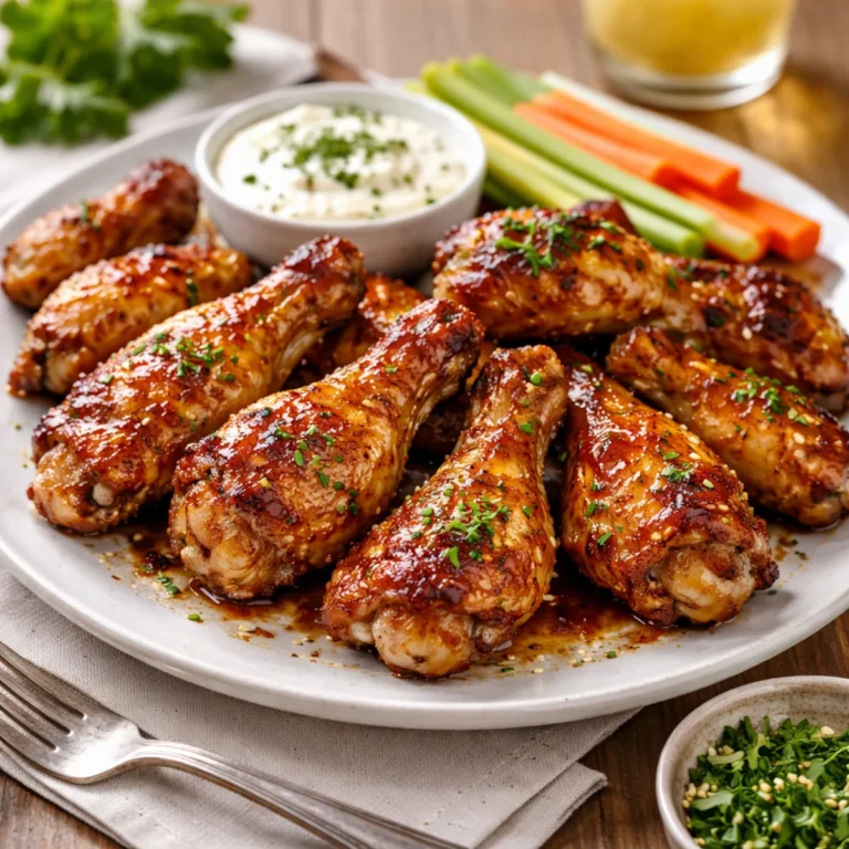 Skrzydełka w miodzie i musztardzie w glazurze na talerzu, złociste i chrupiące