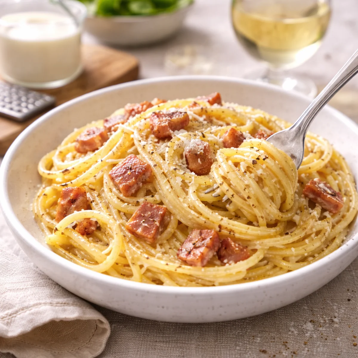 Porcja spaghetti carbonara z boczkiem i śmietaną, domowe podanie na talerzu