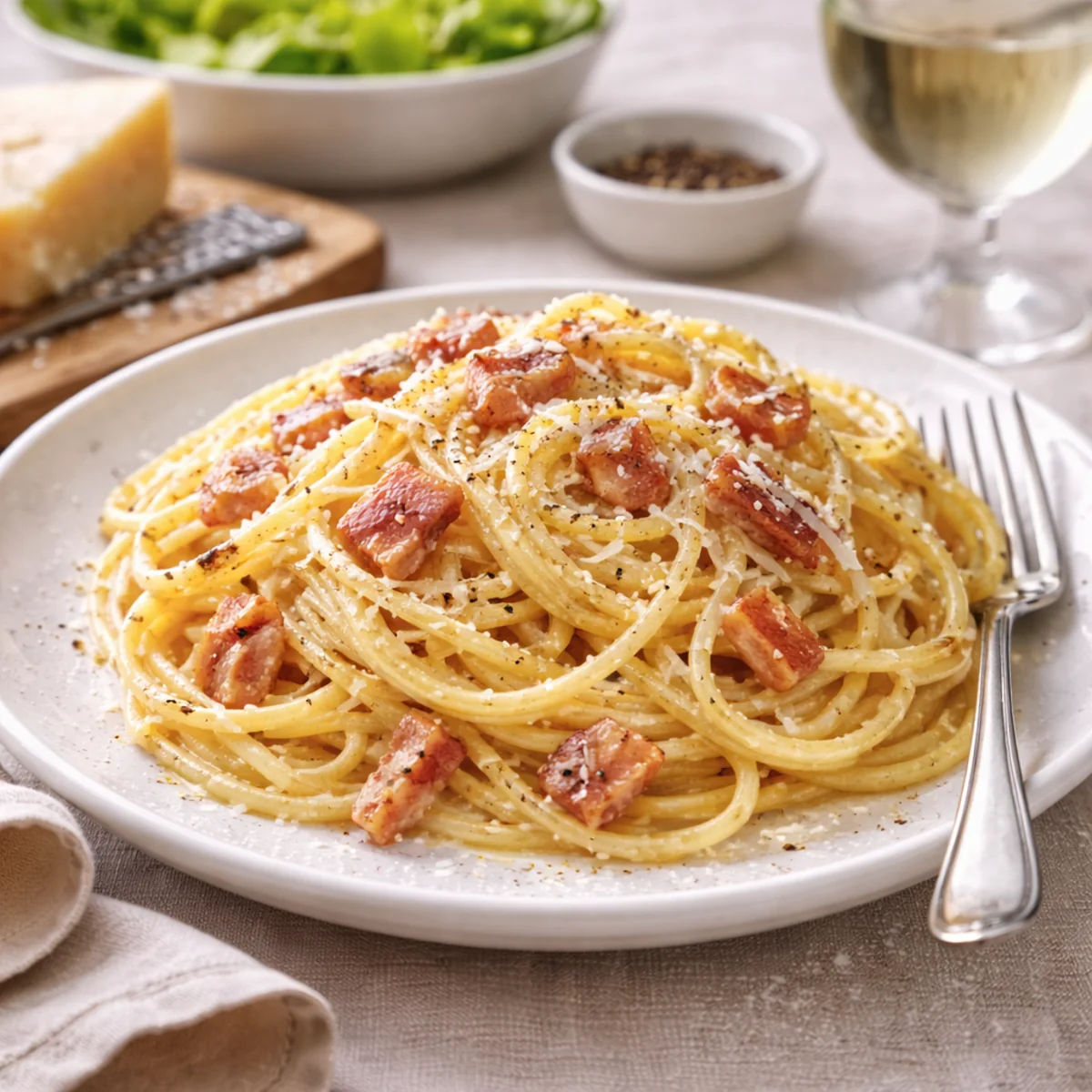 Spaghetti carbonara z boczkiem i śmietaną na talerzu, kremowy sos i starty ser