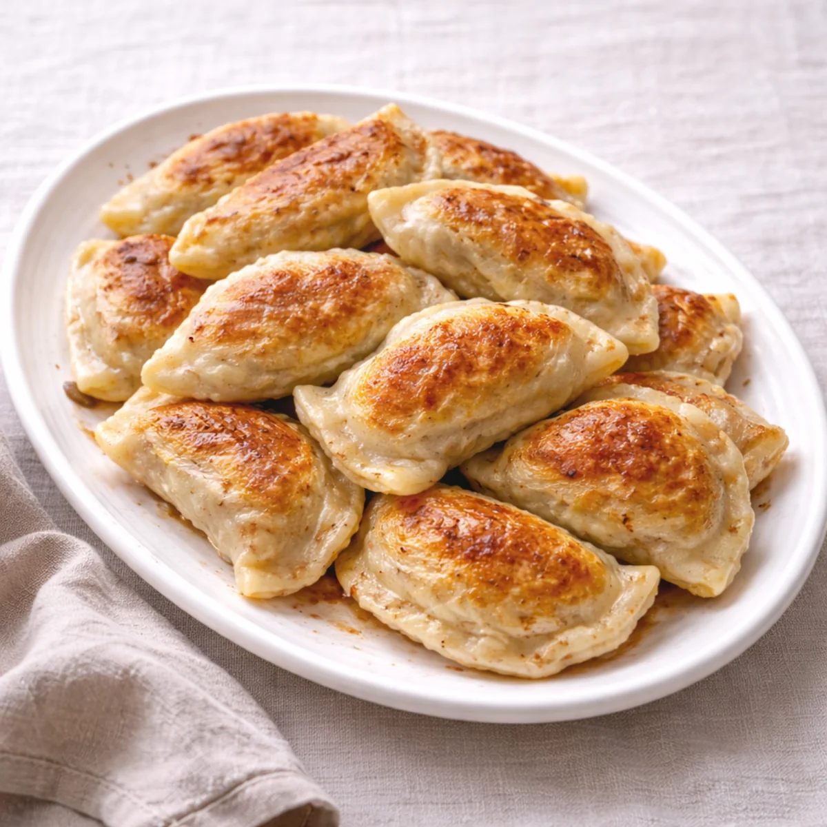 Usmażone pierogi z kaszą gryczaną i białym serem na dużym półmisku, rumiane i chrupiące