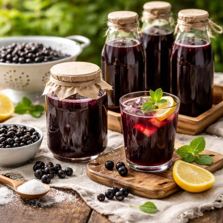 Domowy sok z czarnej porzeczki w karafce i szklankach z lodem, cytryną i miętą na lnianym obrusie