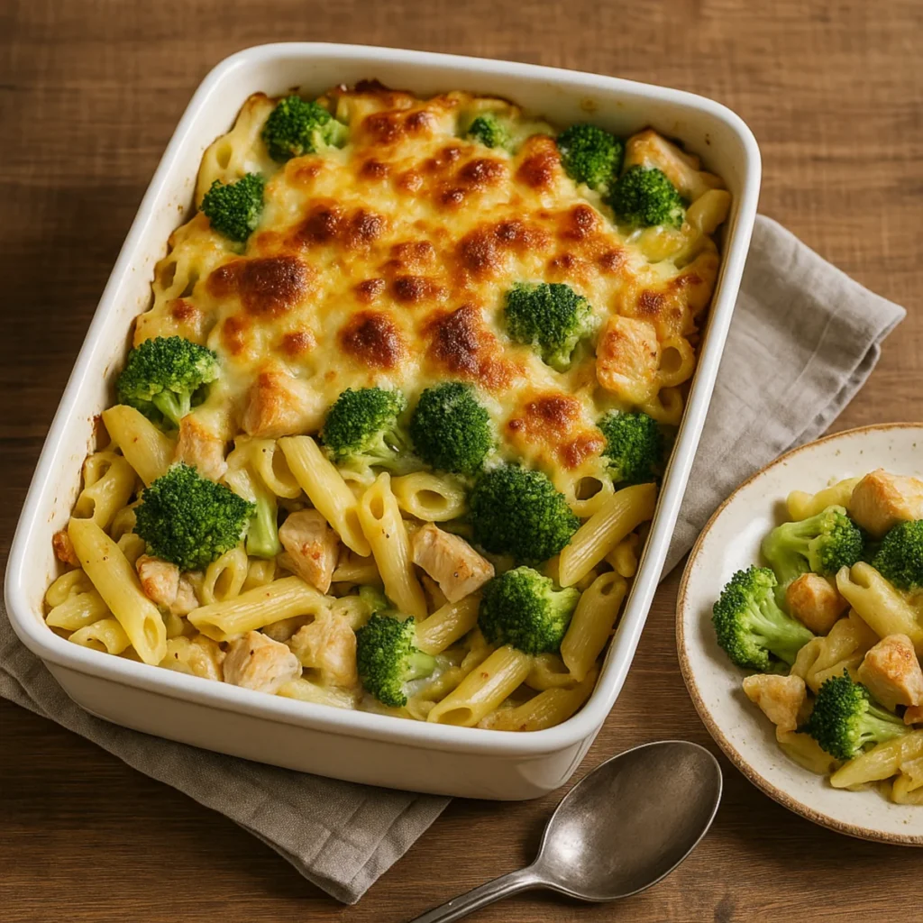 Domowa zapiekanka makaronowa z kurczakiem i brokułem w białym naczyniu żaroodpornym, zrumieniona warstwa sera, widoczne kawałki kurczaka, makaronu i zielonego brokułu, obok porcja na talerzu