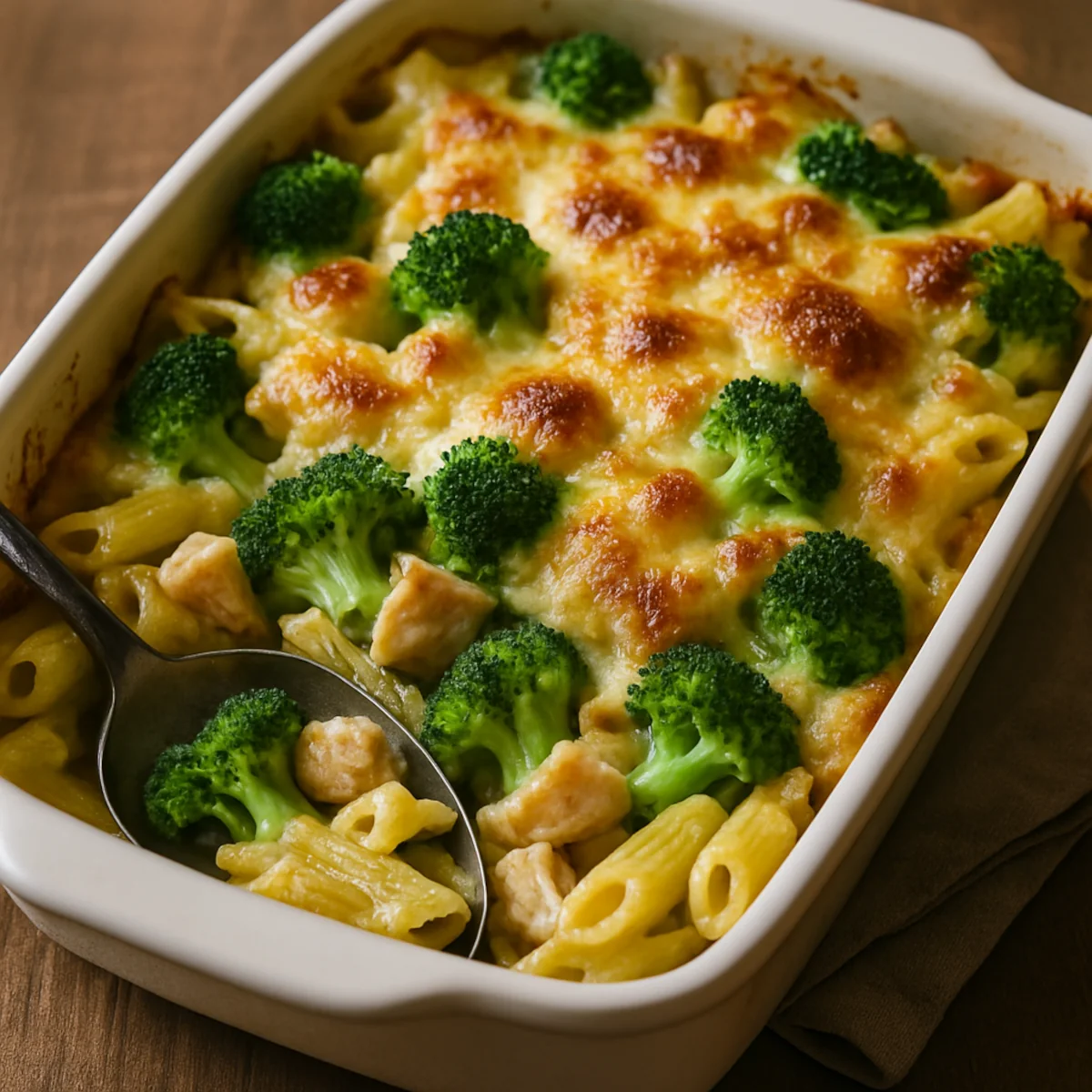 Zbliżenie na zapiekankę makaronową z kurczakiem i brokułem w białym naczyniu, zrumieniony ser na wierzchu, łyżka nabiera makaron, kurczaka i brokuł