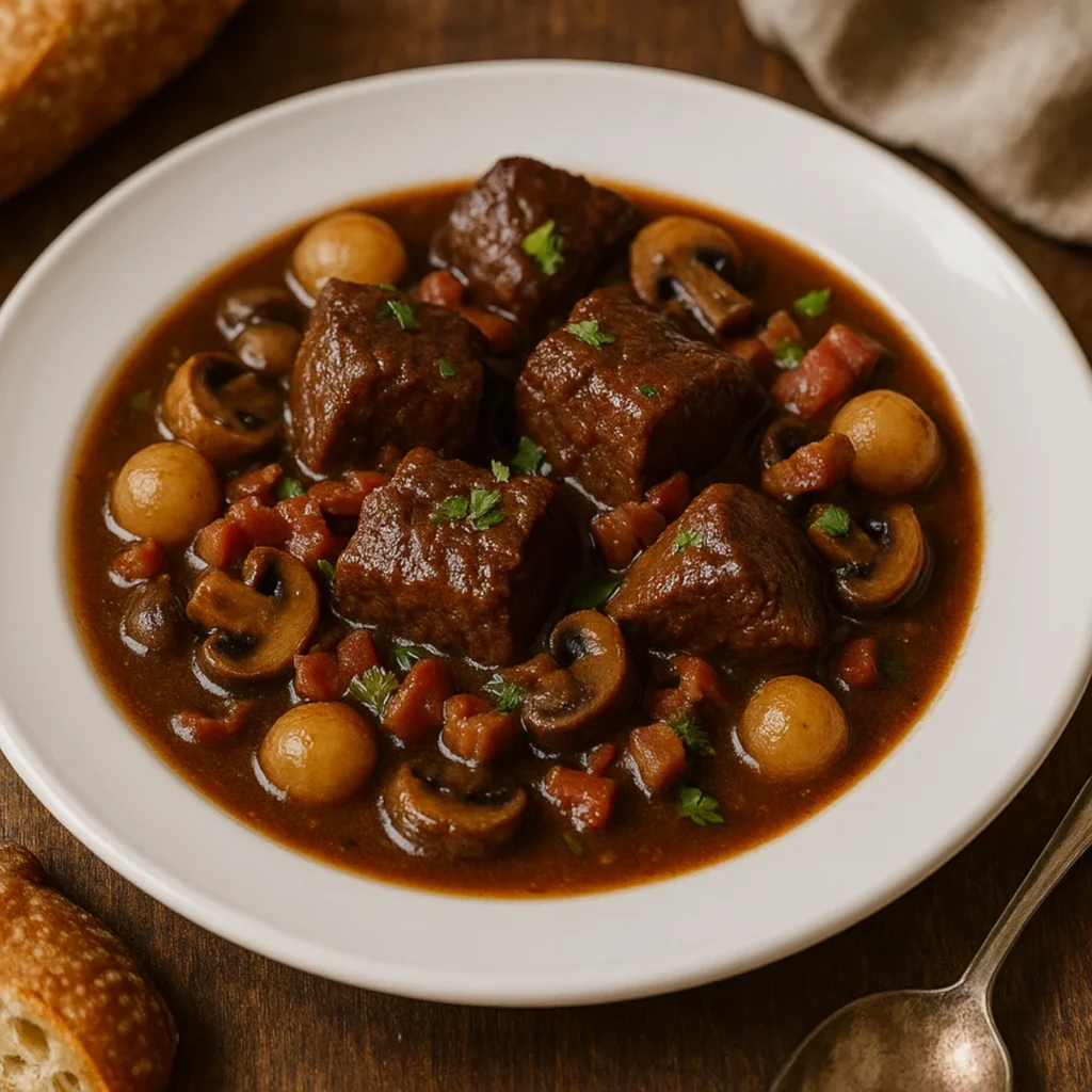 Zdjęcie wołowiny po burgundzku podanej na białym talerzu, z kawałkami wołowiny, pieczarkami, cebulkami i boczkiem w sosie winnym.