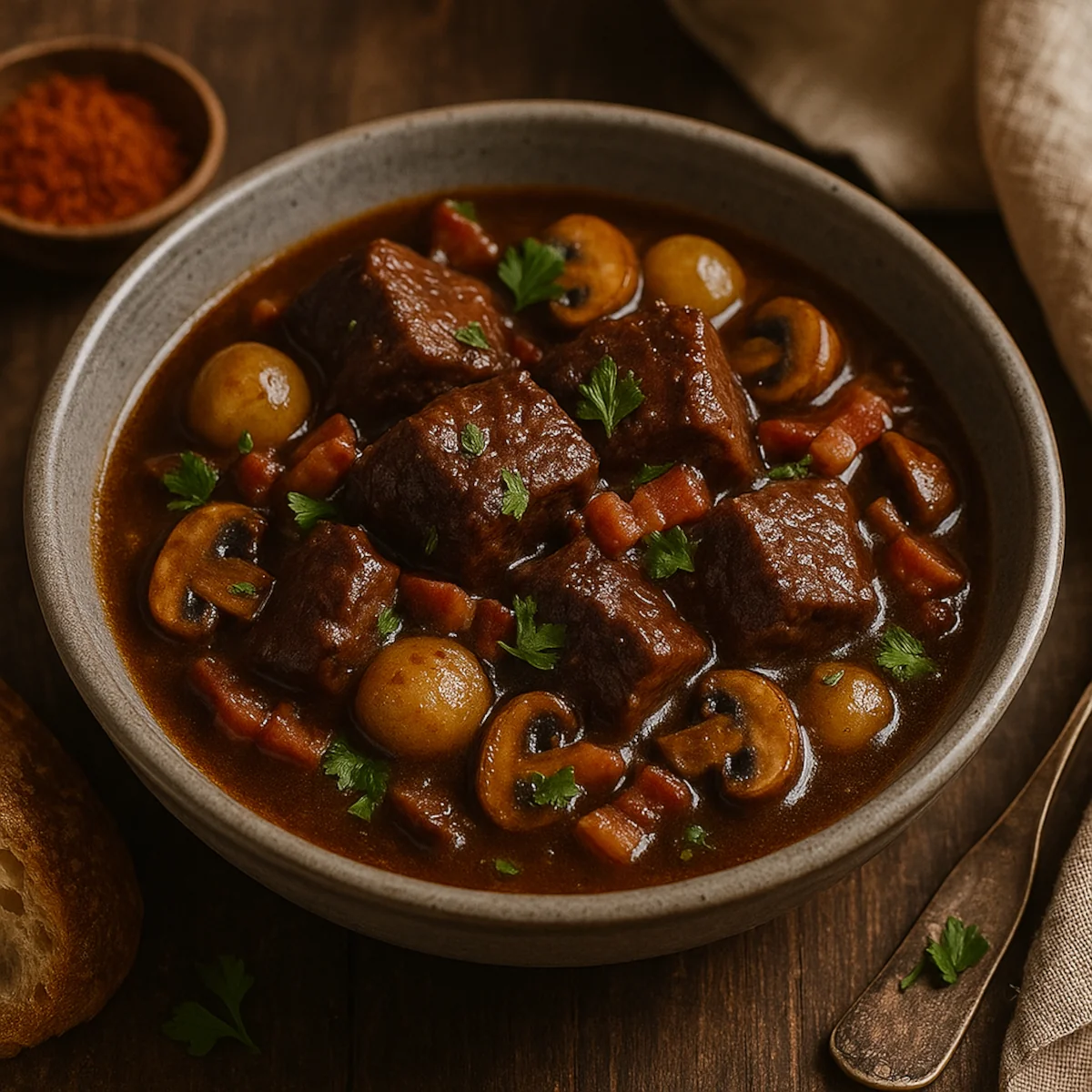 Zdjęcie dania wołowina po burgundzku w szarej ceramicznej misce, z kawałkami wołowiny, pieczarkami, boczkiem i cebulkami perłowymi w ciemnym sosie.