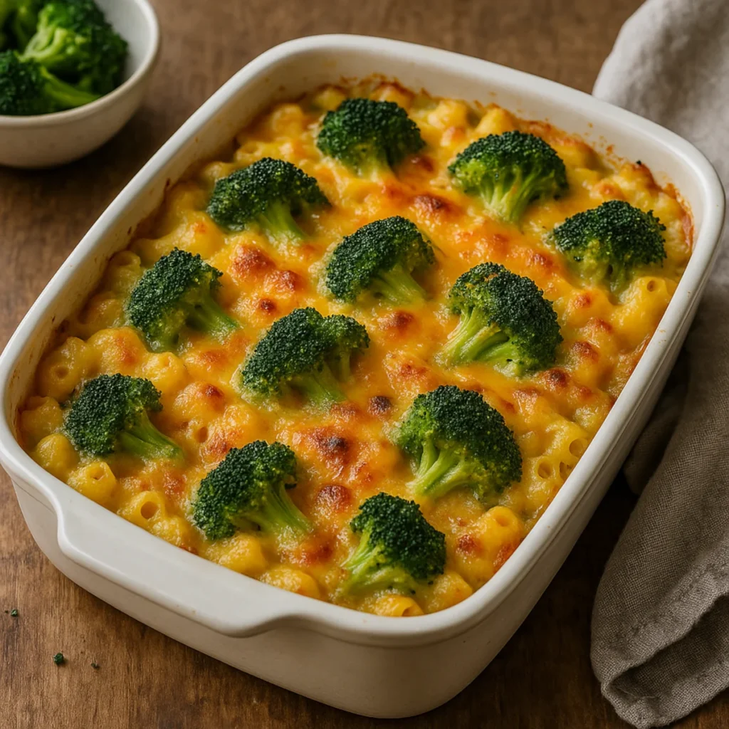 Zapiekanka makaronowa z brokułami i serem cheddar w prostokątnym naczyniu żaroodpornym