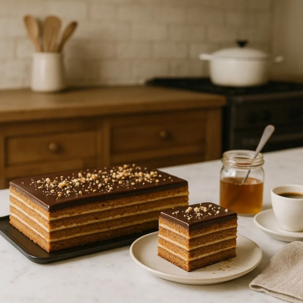 Prostokątny miodownik na czarnej tacy i porcja na talerzyku, obok słoik miodu i filiżanka espresso