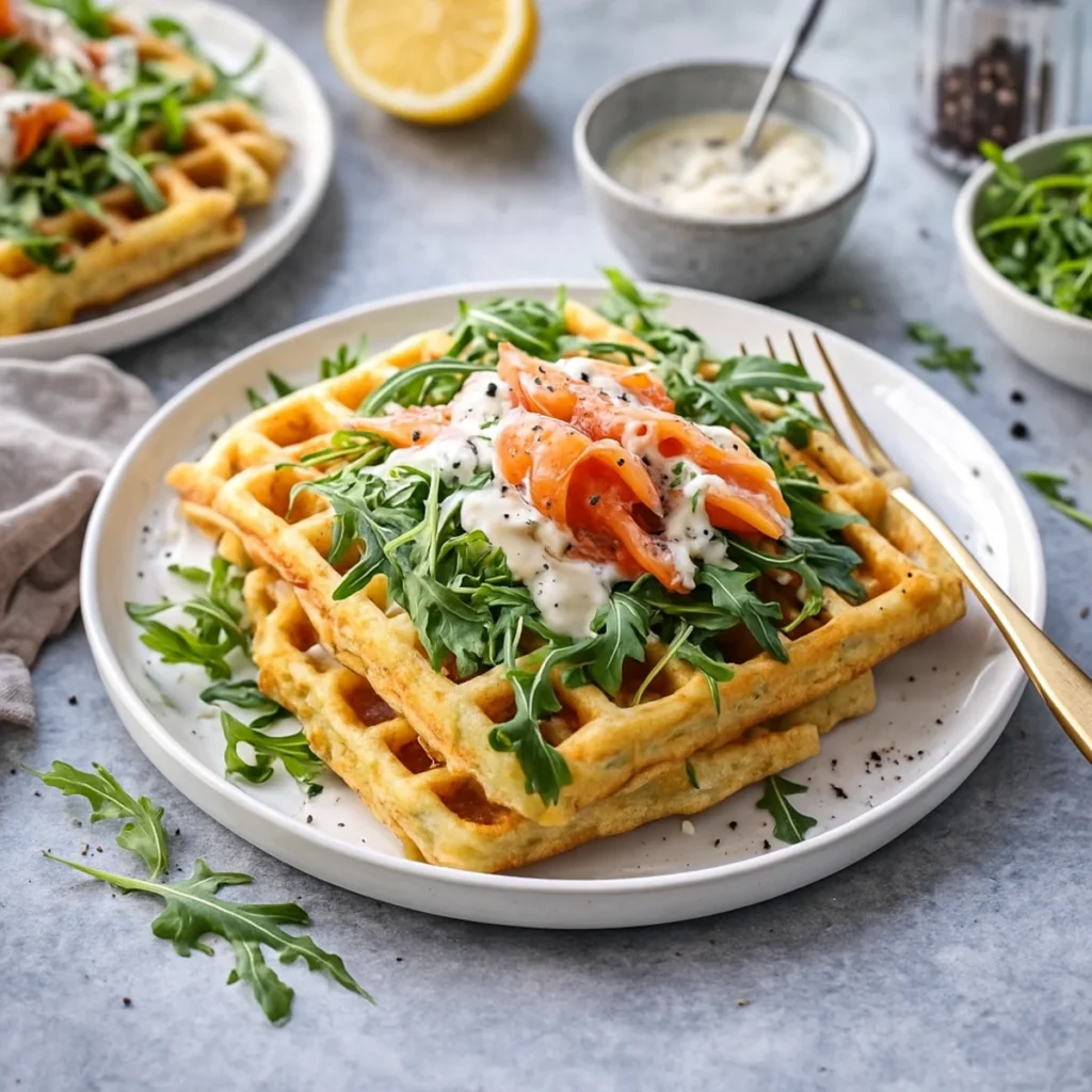 Stos wytrawnych gofrów z rukolą, wędzonym łososiem i kremowym sosem cytrynowym na białym talerzu.