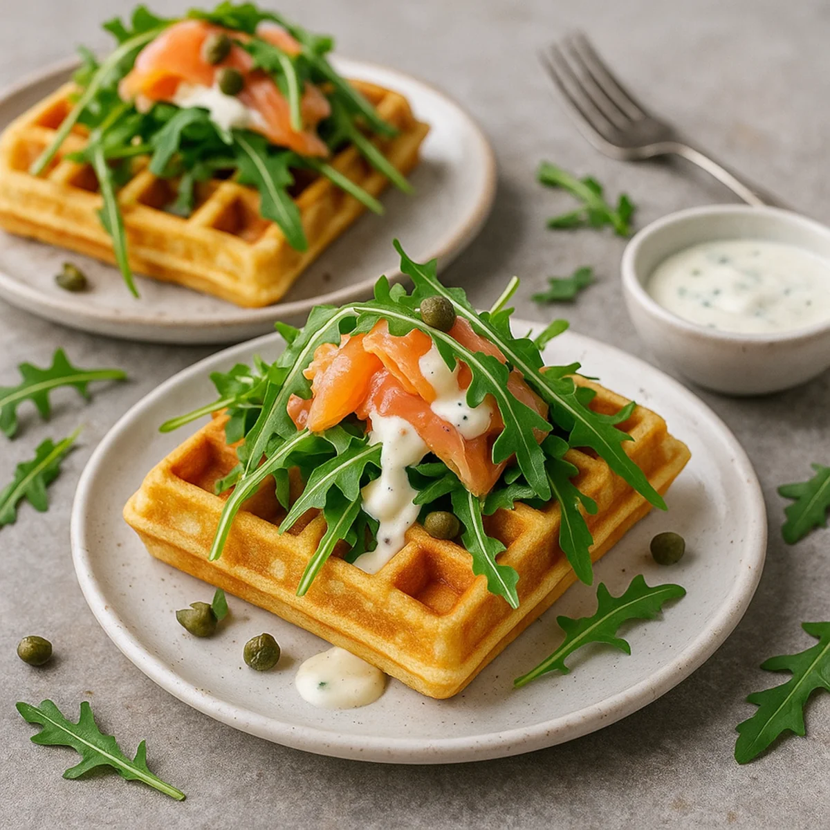 Wytrawne gofry z rukolą, wędzonym łososiem, sosem jogurtowym i kaparami podane na jasnym talerzu.