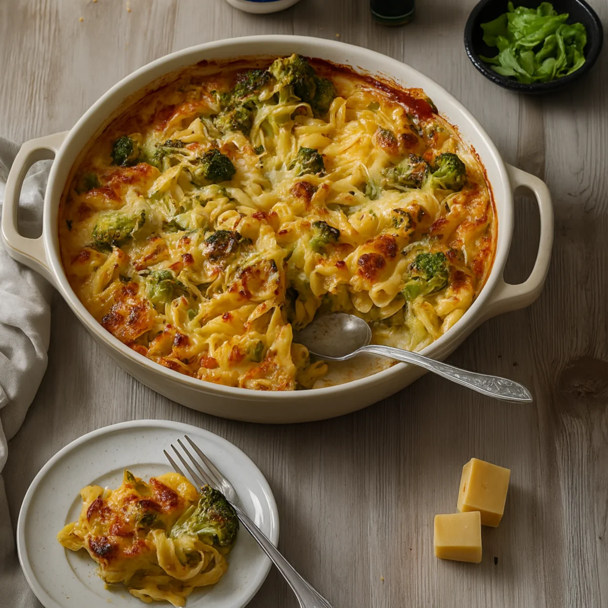 Porcja zapiekanki makaronowej z brokułami i serem cheddar w okrągłym naczyniu i na talerzu