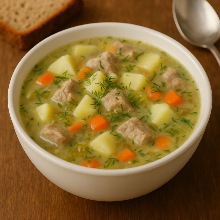 Domowa zupa ogórkowa z mięsem w jasnej misce, z ziemniakami, marchewką i koperkiem, podana na drewnianym stole z kromką chleba i łyżką obok