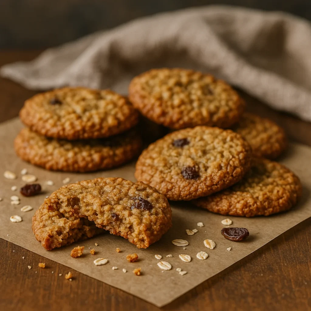 Zdrowe ciasteczka owsiane na papierze do pieczenia, jedno nadgryzione, z płatkami owsianymi i rodzynkami wokół