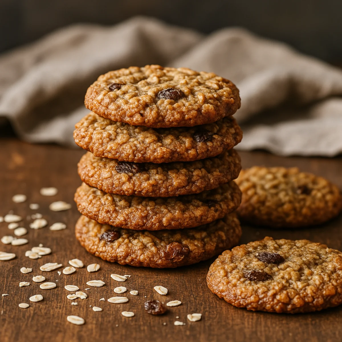 Domowe zdrowe ciasteczka owsiane ułożone w stos na drewnianym stole z płatkami owsianymi wokół