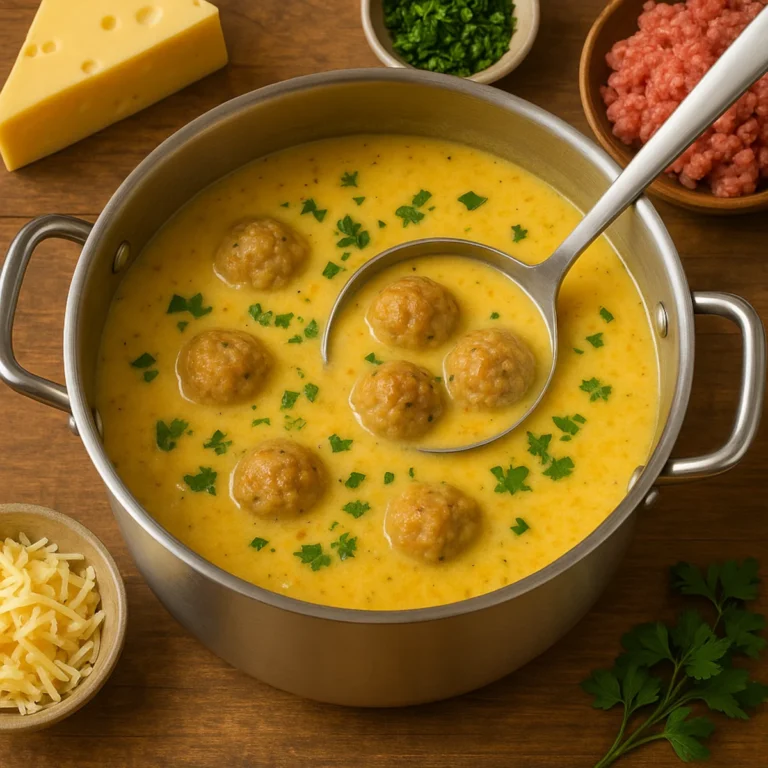 Garnek z zupą serową z pulpecikami i chochelką na drewnianym blacie