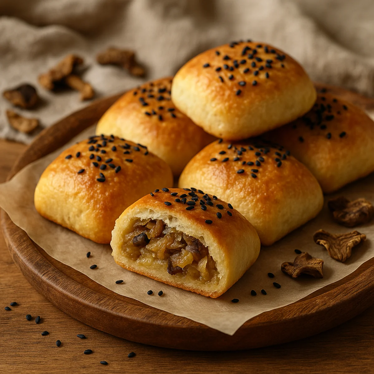 Najlepsze paszteciki z kapustą i grzybami posypane czarnuszką, jeden przekrojony z widocznym farszem