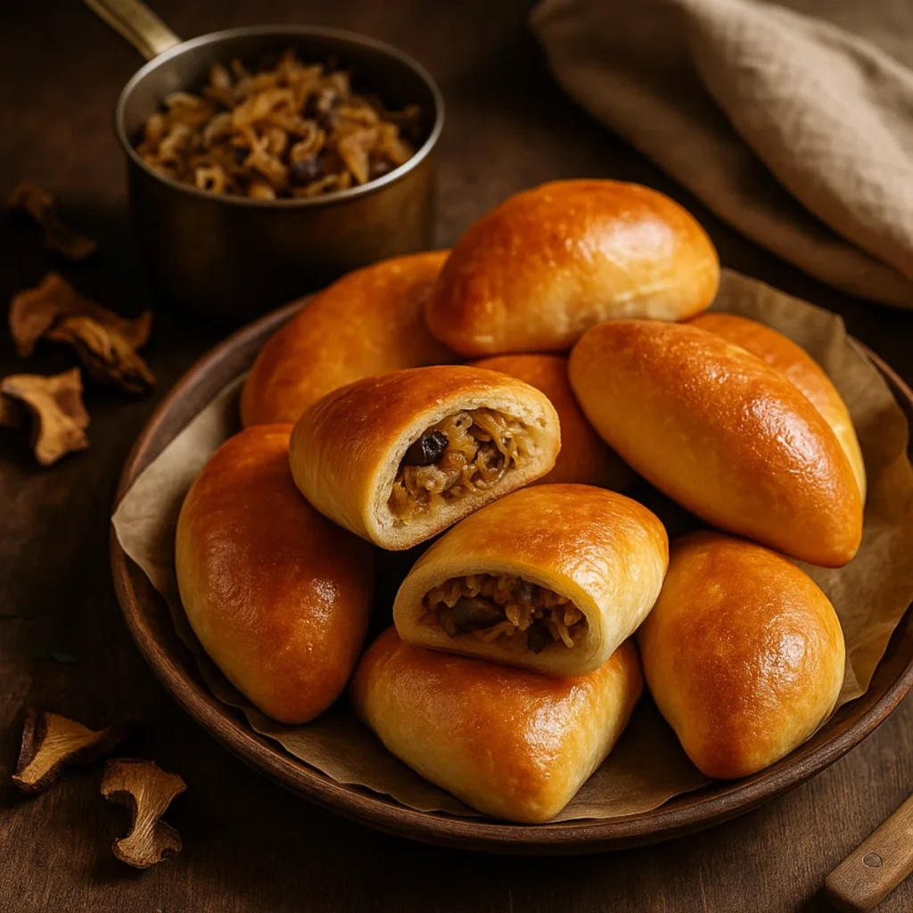 Najlepsze paszteciki z kapustą i grzybami na drewnianym talerzu, w tle rondelek z farszem