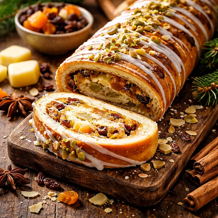 Strucla z marcepanem i bakaliami na drewnianej desce, z lukrem i posypką z orzechów, obok bakalie i przyprawy