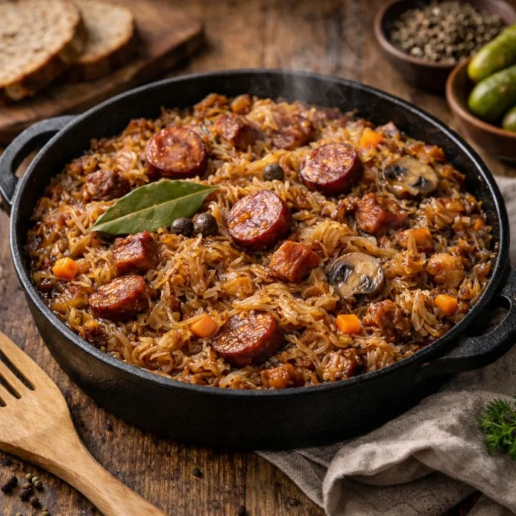 Szybki bigos z kapusty kiszonej na patelni żeliwnej z kiełbasą, boczkiem i grzybami, podany na drewnianym stole