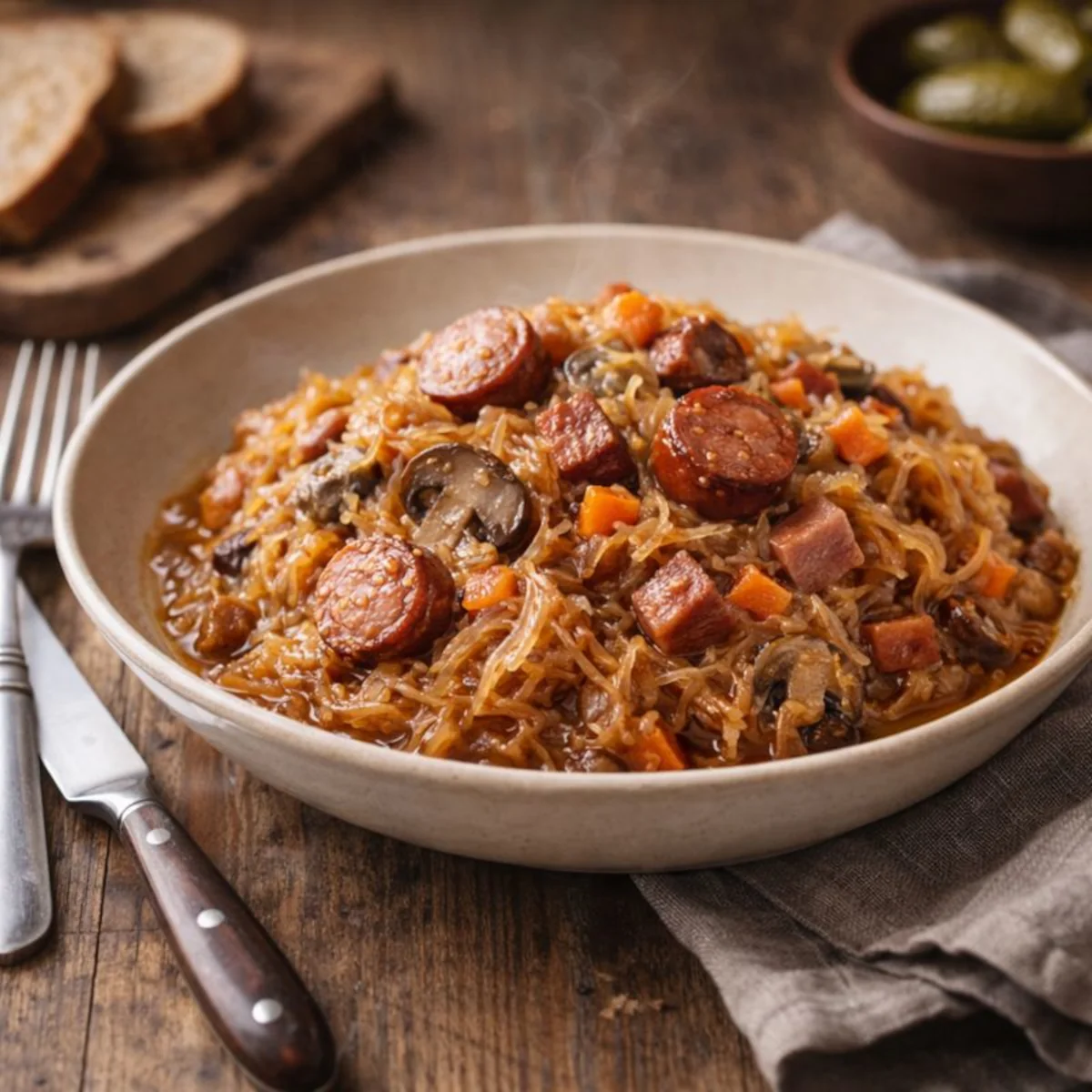 Porcja szybkiego bigosu z kapusty kiszonej w ceramicznej misce z kiełbasą, boczkiem, grzybami i marchewką