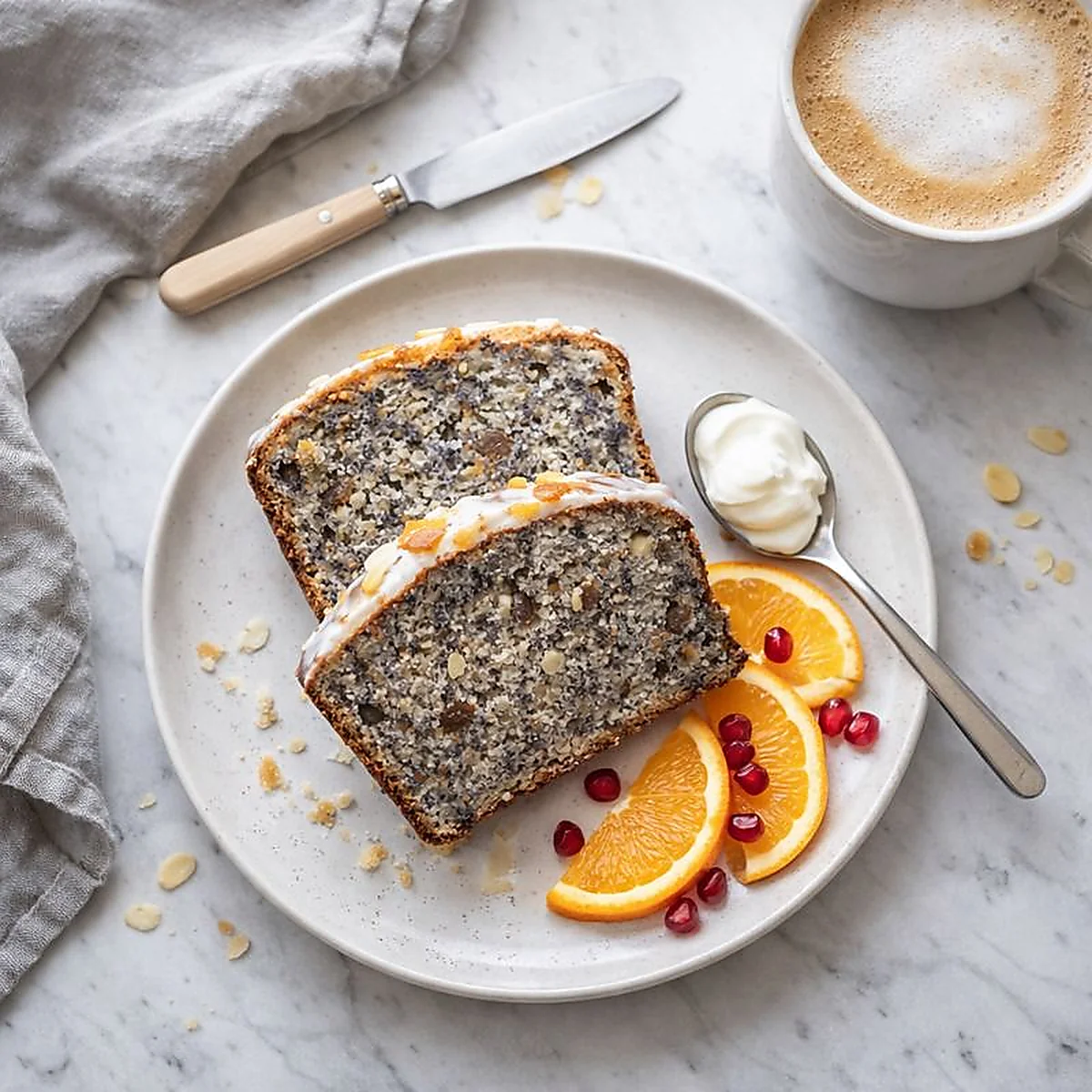 Szybki makowiec na talerzu w ujęciu z góry, dwa kawałki z lukrem, obok łyżeczka mascarpone, plastry pomarańczy i kawa