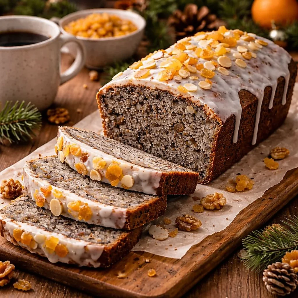 Szybki makowiec w keksówce z lukrem, płatkami migdałów i kandyzowaną skórką pomarańczy, obok plastry ciasta na desce