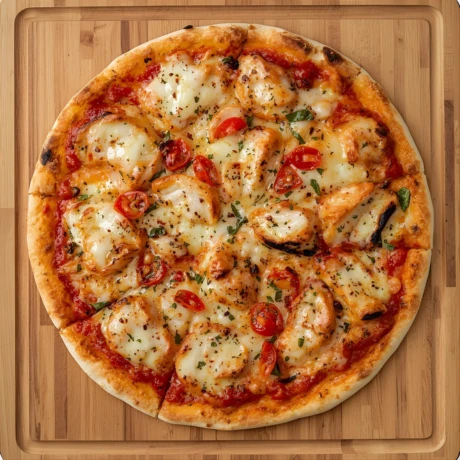 Pizza z filetem z kurczaka i pomidorami koktajlowymi posypana ziołami