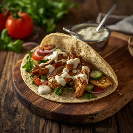 Domowy kebab z kurczaka w tortilli z sosem jogurtowym i świeżymi warzywami