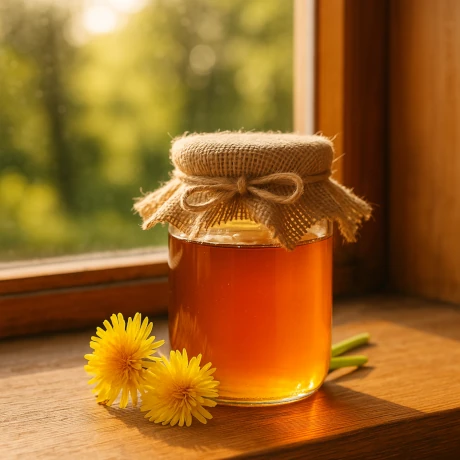 Domowy syrop z mniszka lekarskiego w słoiku ozdobionym jutą, ustawiony na parapecie obok kwiatów mniszka