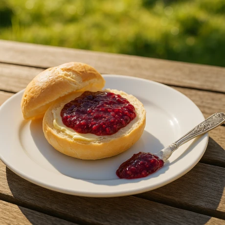 Bułeczka z masłem i dżemem malinowo-różanym z kardamonem na talerzu w letni poranek