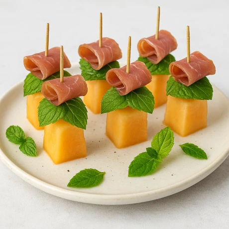 Domowe koreczki z melonem, prosciutto i miętą na talerzu