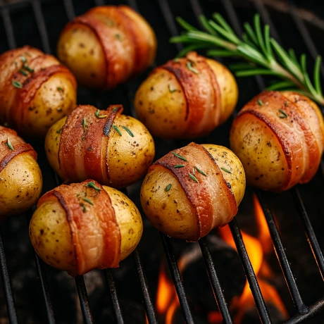 Młode ziemniaki z boczkiem na grilla na ruszcie z rozmarynem