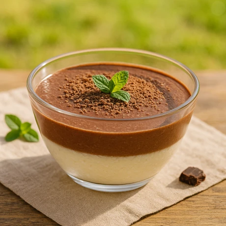 Mus czekoladowy z warstwą kokosową w salaterce na stole w słoneczny dzień