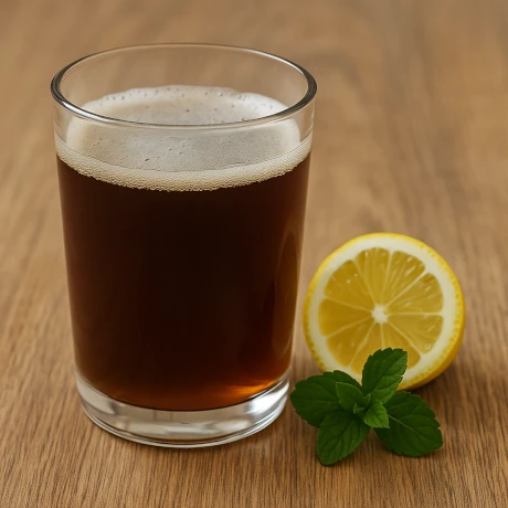 Podpiwek domowy w szklance z cytryną i miętą na stole