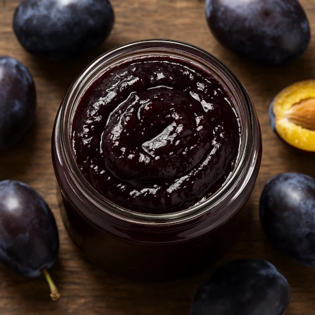 Słoiczek domowych powideł śliwkowych otoczony świeżymi śliwkami na drewnianym tle