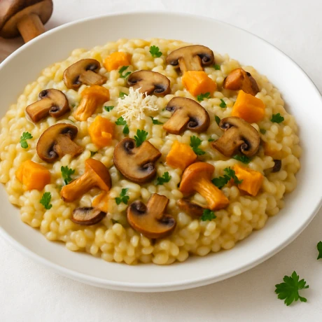 Risotto z dynią i leśnymi grzybami na białym talerzu