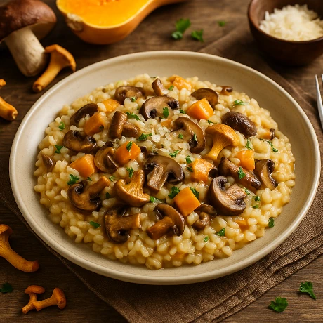 Risotto z leśnymi grzybami i dynią na rustykalnym tle