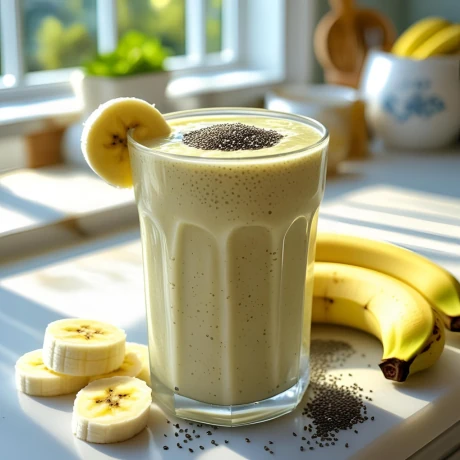 Szklanka zdrowego koktajlu bananowego z kefirem i chia na białym blacie kuchennym