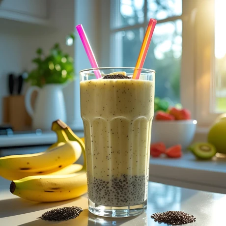 Szklanka zdrowego koktajlu bananowego z kefirem i nasionami chia na kuchennym blacie