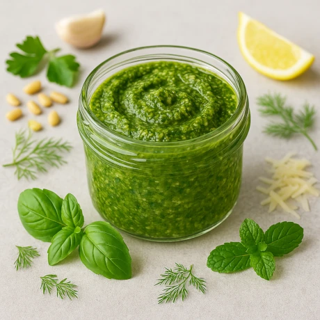 Słoiczek zielonego pesto z ziół otoczony świeżymi ziołami i składnikami