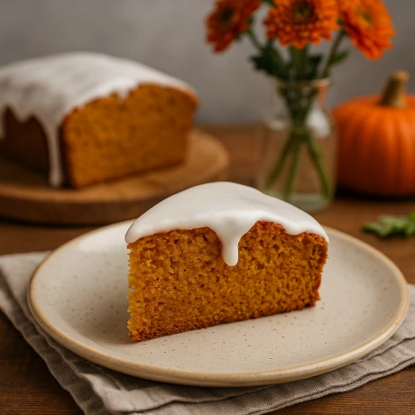 Domowe ciasto dyniowe polane lukrem, podane na stole z jesiennymi dekoracjami