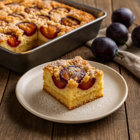 Ciasto ze śliwkami i budyniem podane na talerzu, udekorowane w nowoczesnym stylu