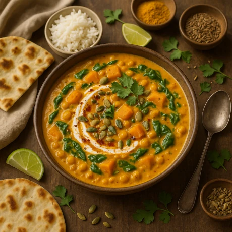 Kremowe curry z dynią i ciecierzycą w misce; na wierzchu szpinak i kolendra, obok miseczka ryżu jaśminowego, kawałki naan oraz cząstki limonki na rustykalnym stole